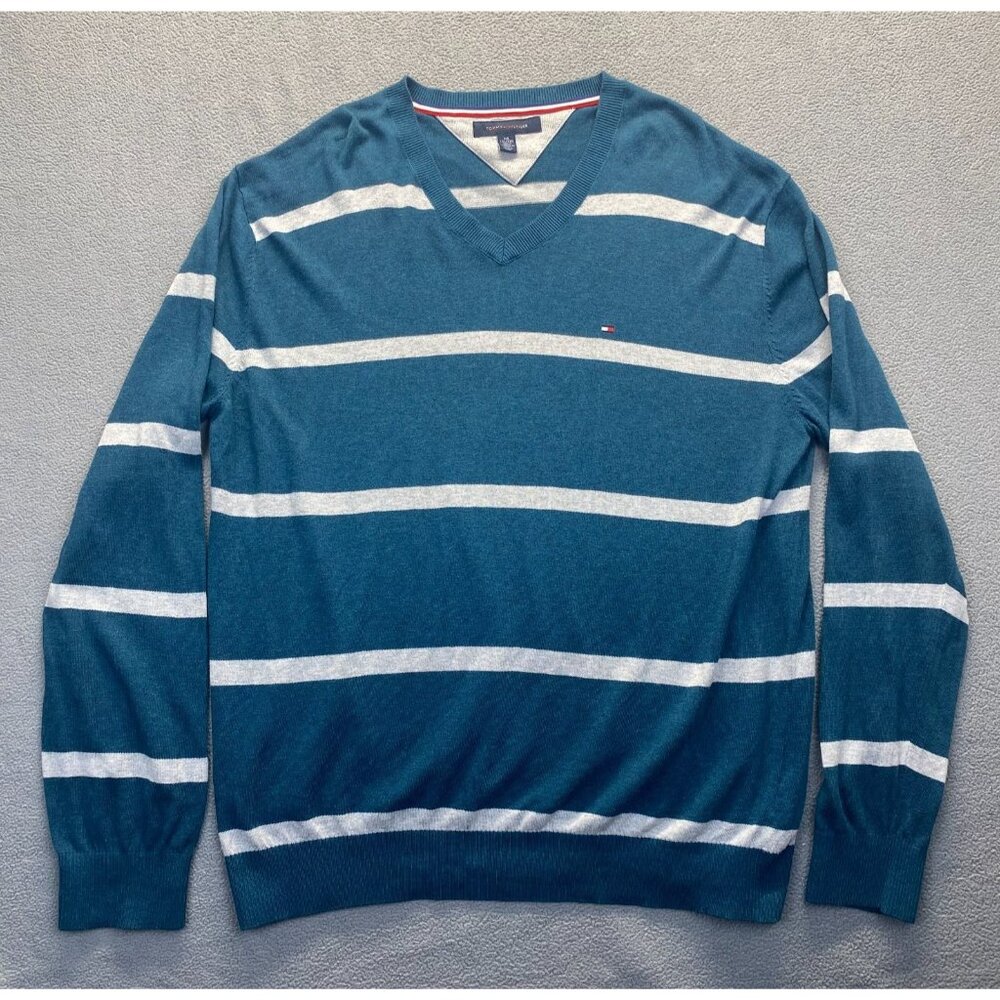 TOMMY HILFIGER Men XXL Jumper Pullover Sweater Striped Knit Cotton V Neck Casual